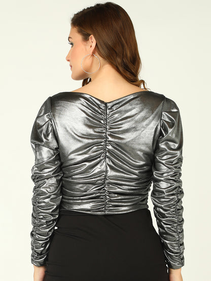 Metallic Silver Ruched Long Sleeve Party Top for Women