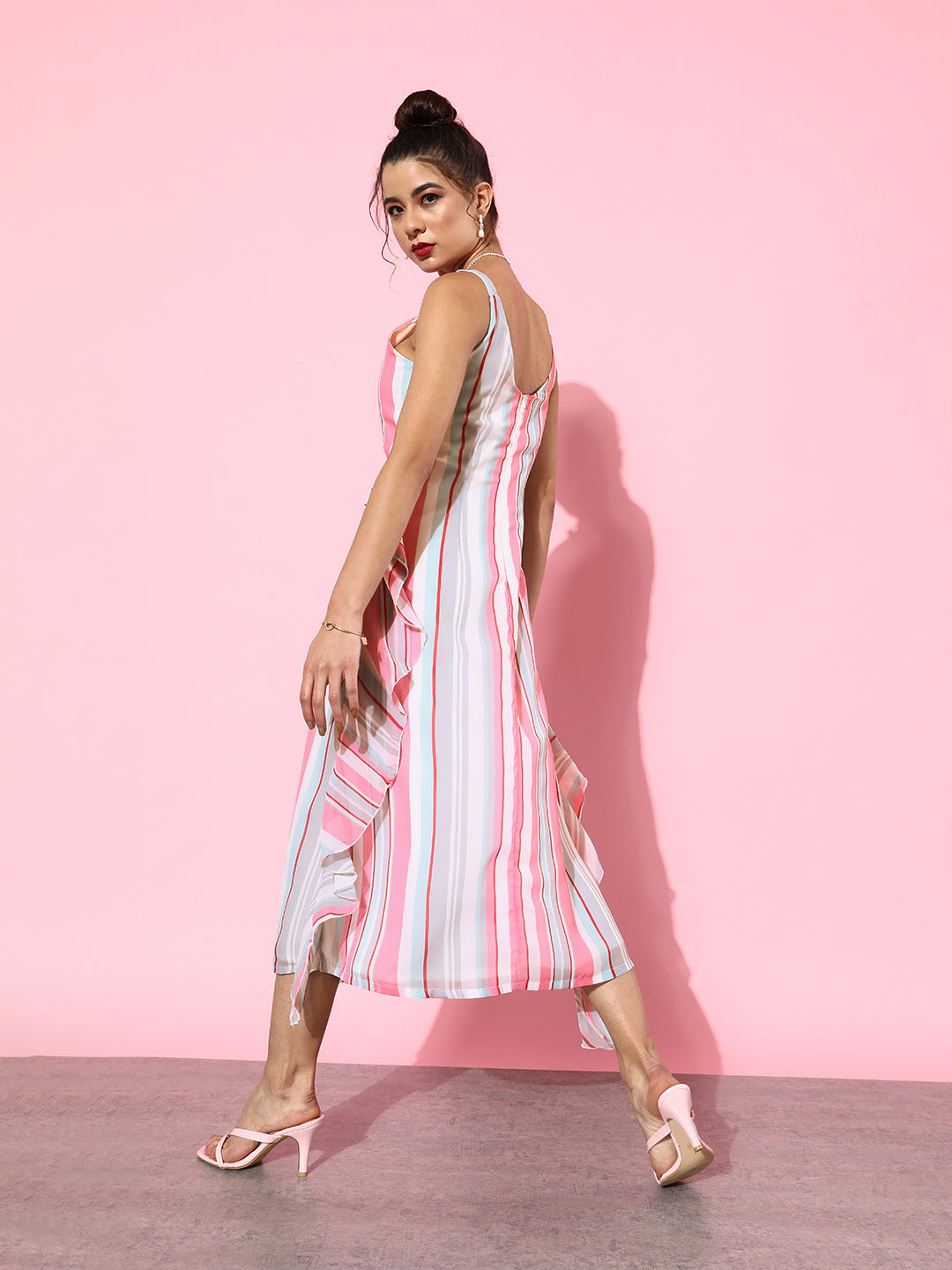 Women's Pink Striped Ruffle Maxi Dress Sleeveless Layered Summer Dress with V-Neck
