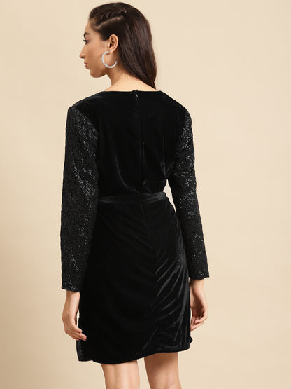 Women Black Sequin Wrap Mini Dress with Belt