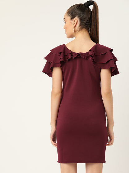 Maroon Ruffle Sleeve Bodycon Mini Dress for Women
