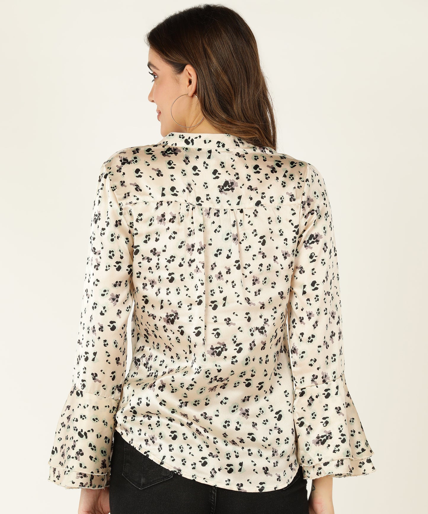 Women's Cream Satin Animal Print Shirt with Flared Sleeves
