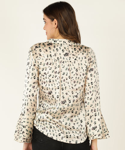 Women's Cream Satin Animal Print Shirt with Flared Sleeves