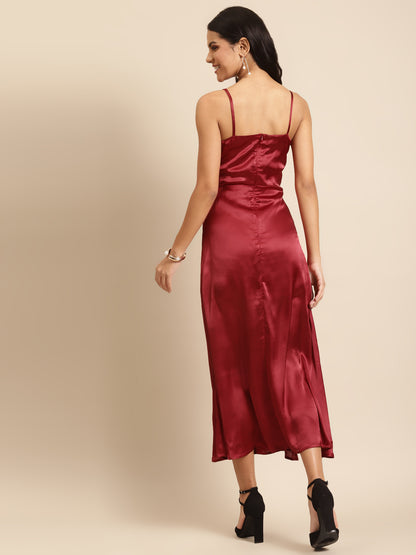 Wine Red Satin Wrap Dress for Women | Spaghetti Strap Midi Dress for Parties