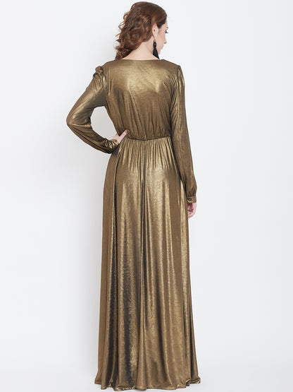 Gold Metallic Long Gown with Deep V Neck and Full Sleeves