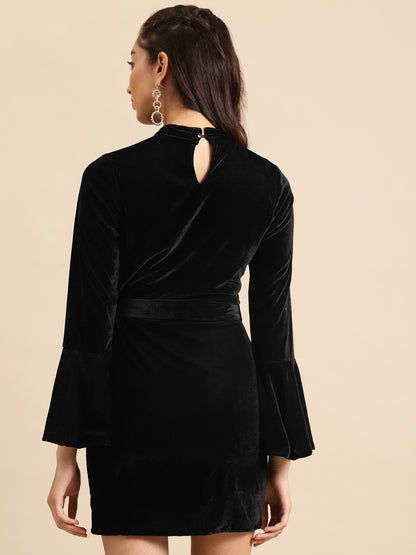 Black Velvet Bodycon Dress with Bell Sleeves and Tie Waist