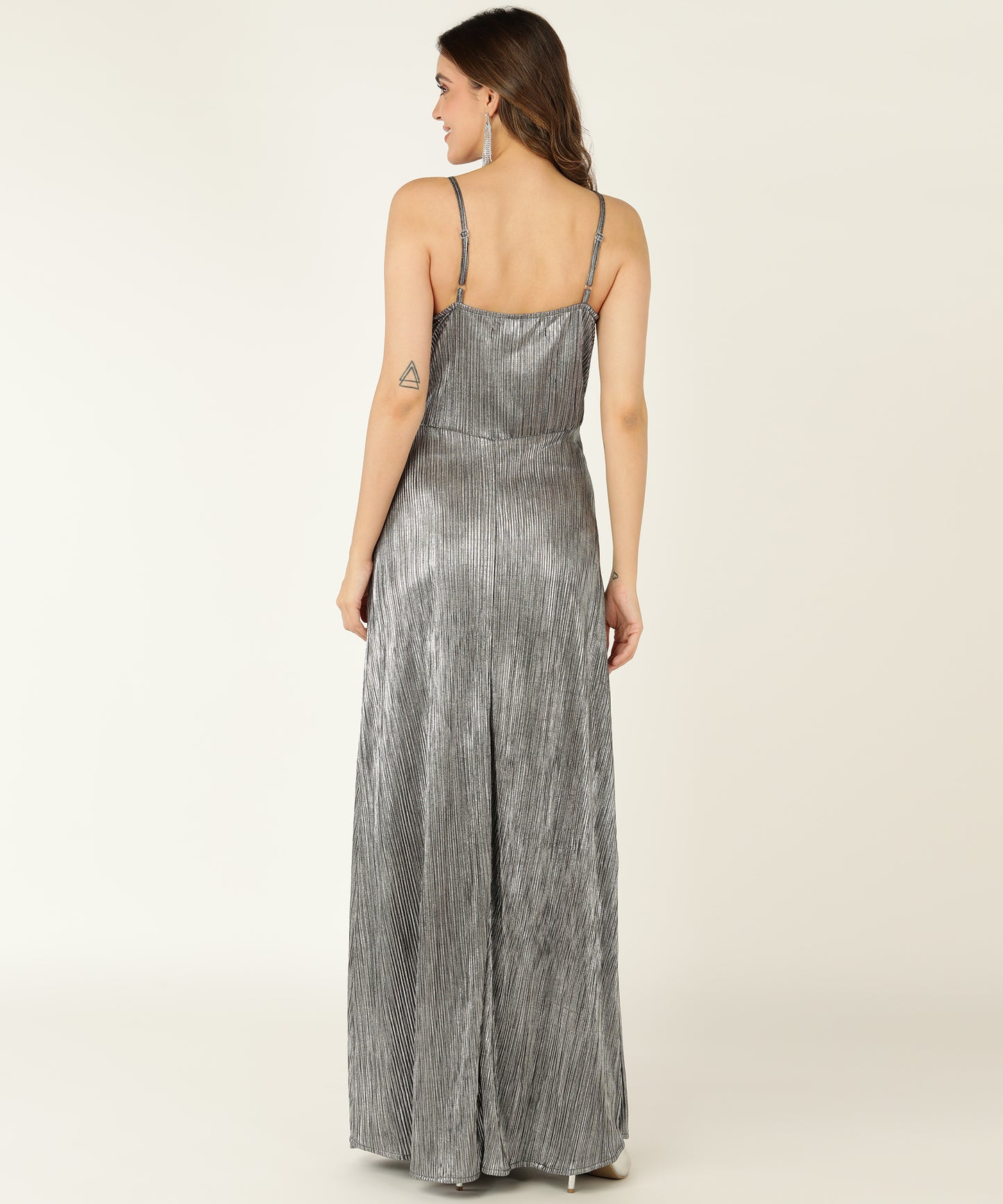 Grey Metallic Pleated Maxi Dress with Thigh Slit and Spaghetti Straps