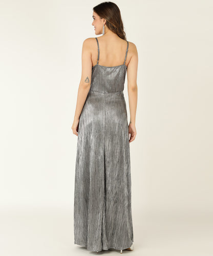 Grey Metallic Pleated Maxi Dress with Thigh Slit and Spaghetti Straps