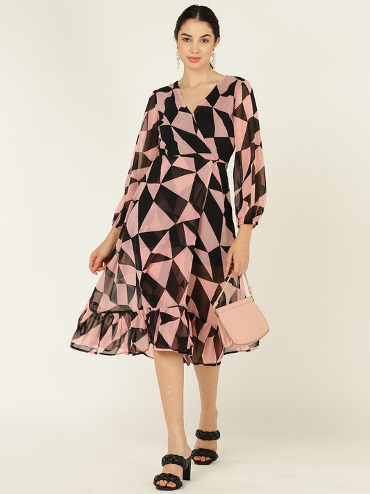 Geometric Print V-Neck Midi Dress with Ruffle Hem & Sheer Sleeves