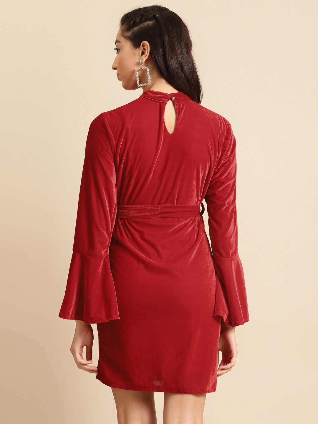 Red Velvet Bodycon Dress with Bell Sleeves and Tie-Up Waist
