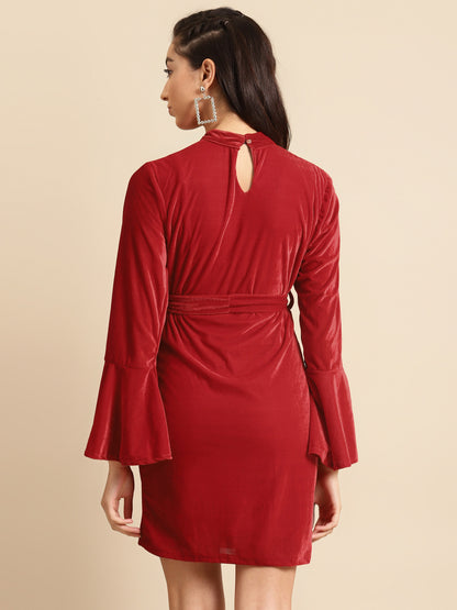 Red Velvet Bodycon Dress with Bell Sleeves and Tie-Up Waist