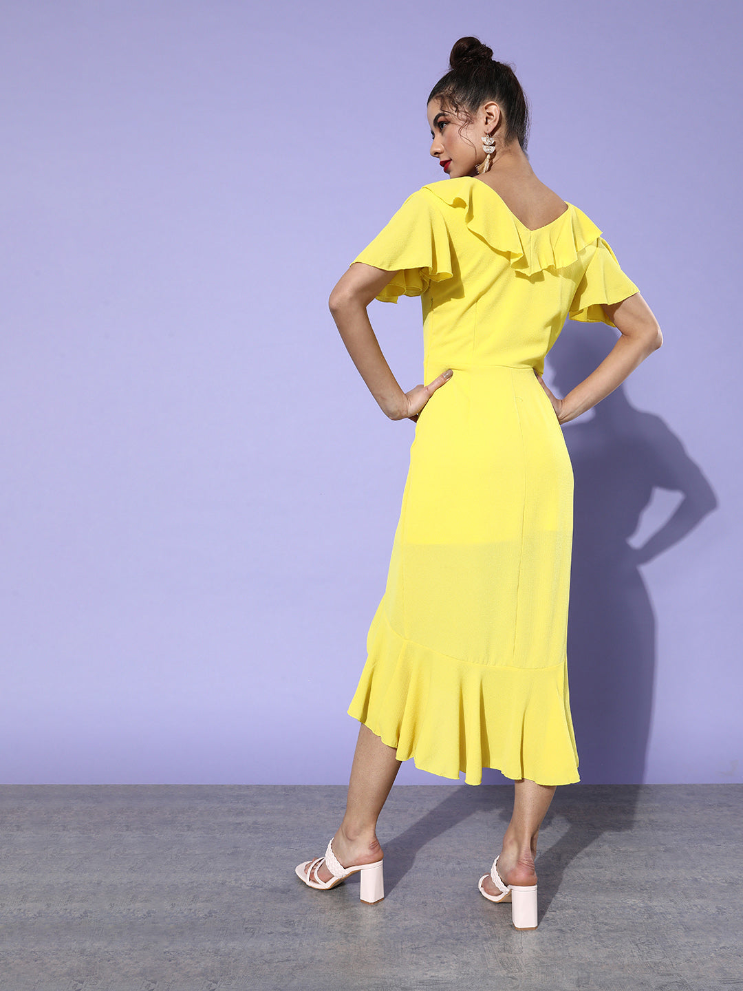 Bright Yellow Ruffle Midi Dress for Women Elegant & Flowy Summer Style