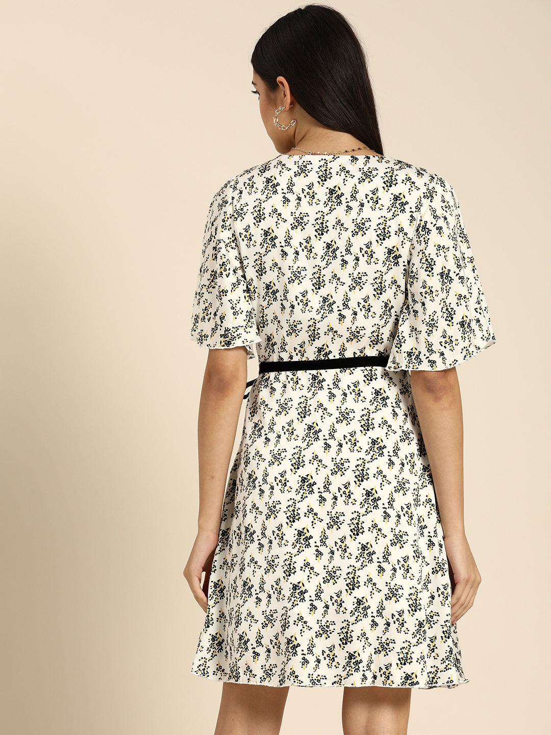 White Floral Fit & Flare Mini Dress with Black Waist Tie Casual & Elegant Day Dress