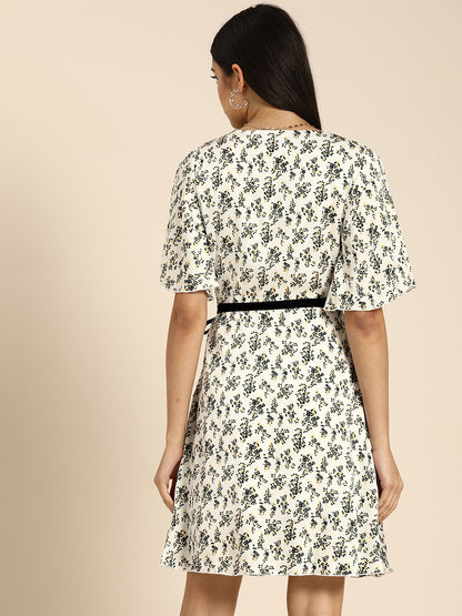 White Floral Fit & Flare Mini Dress with Black Waist Tie Casual & Elegant Day Dress