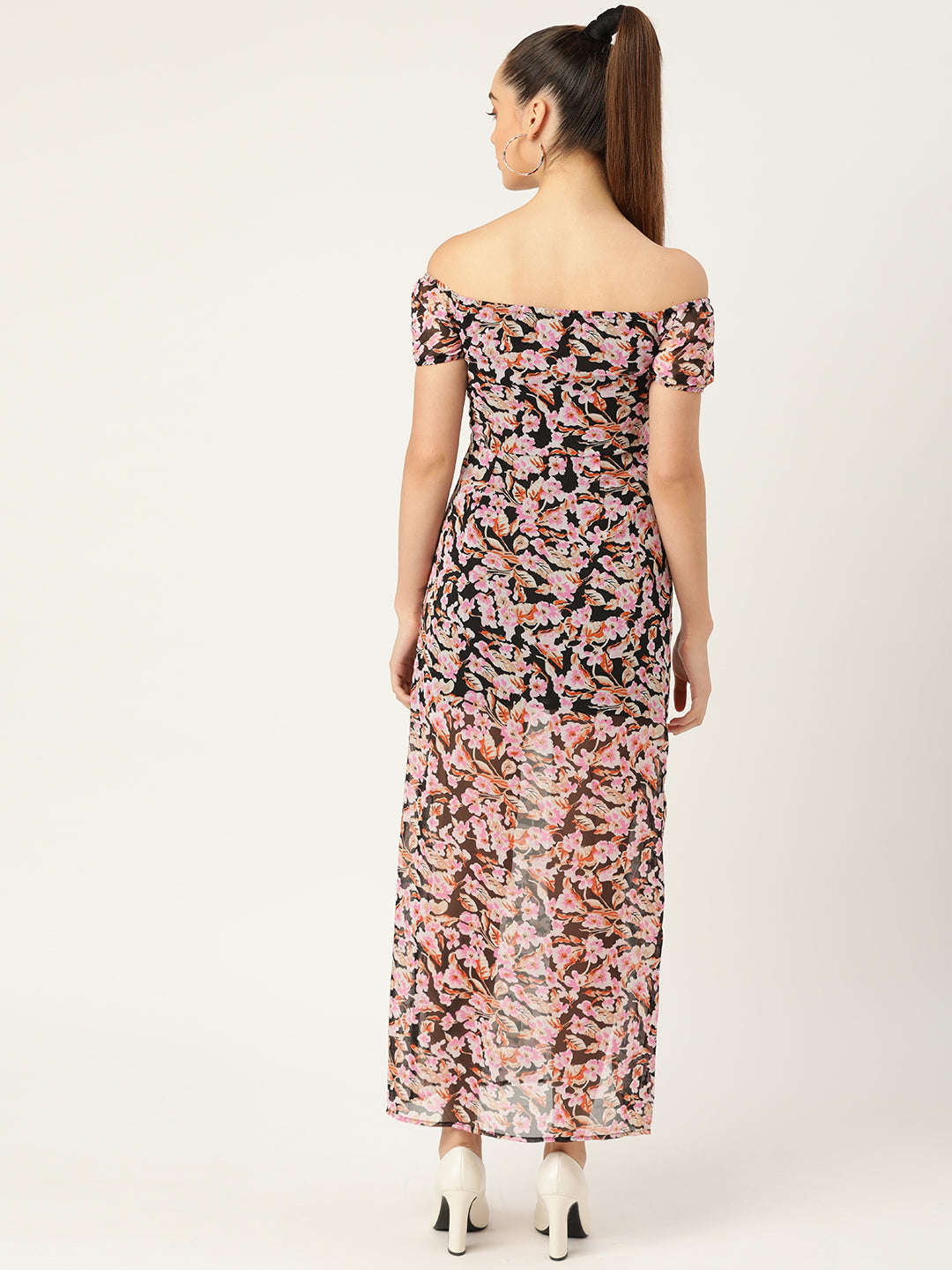 Off Shoulder Black Floral Print Slit Maxi Dress for Women