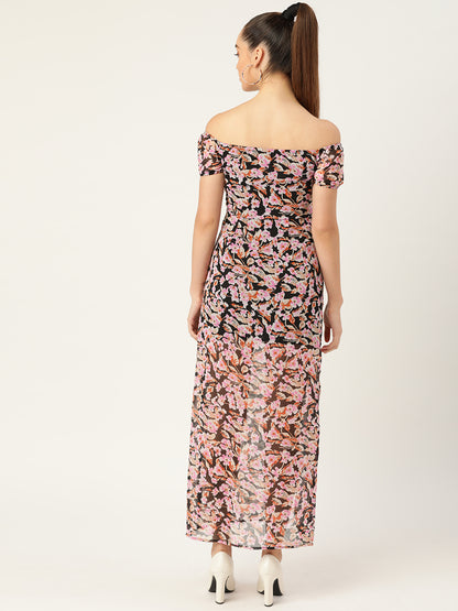 Off Shoulder Black Floral Print Slit Maxi Dress for Women