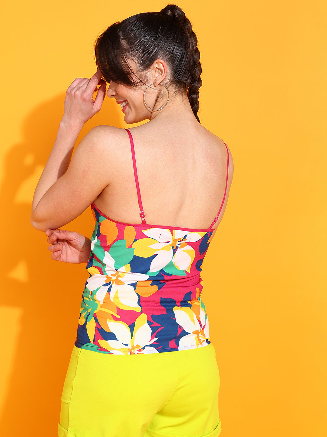 Tropical Bloom Spaghetti Strap Top with Neon High Waist Shorts Summer Co-ord Set