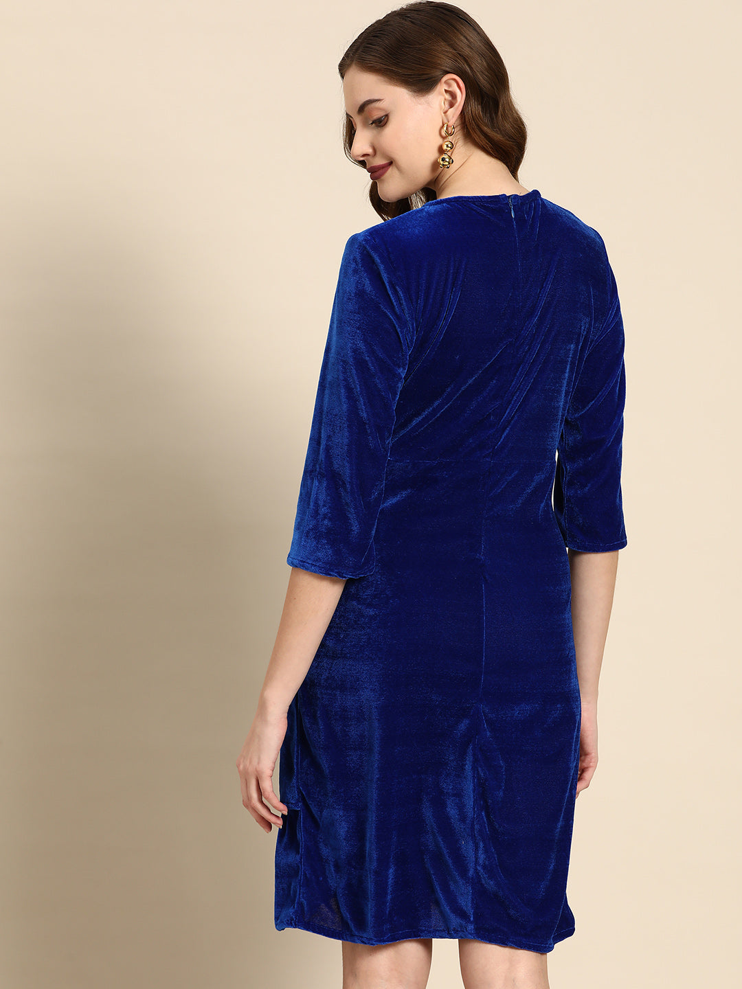 Royal Blue Velvet Wrap Dress for Women – Elegant Party Wear with V-Neck & Asymmetric Hem