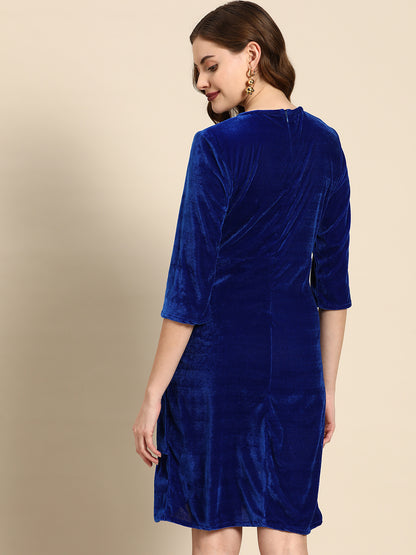 Royal Blue Velvet Wrap Dress for Women – Elegant Party Wear with V-Neck & Asymmetric Hem