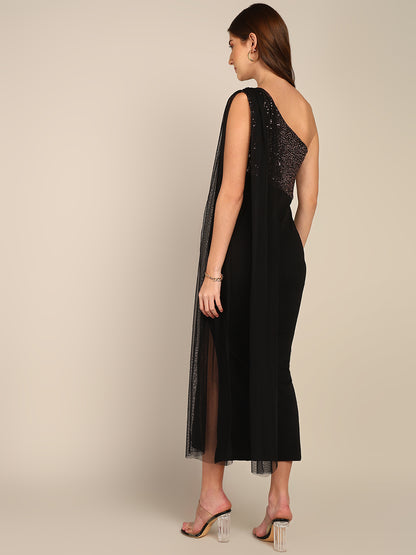 Elegant One-Shoulder Sequin Dress with Tulle Detail