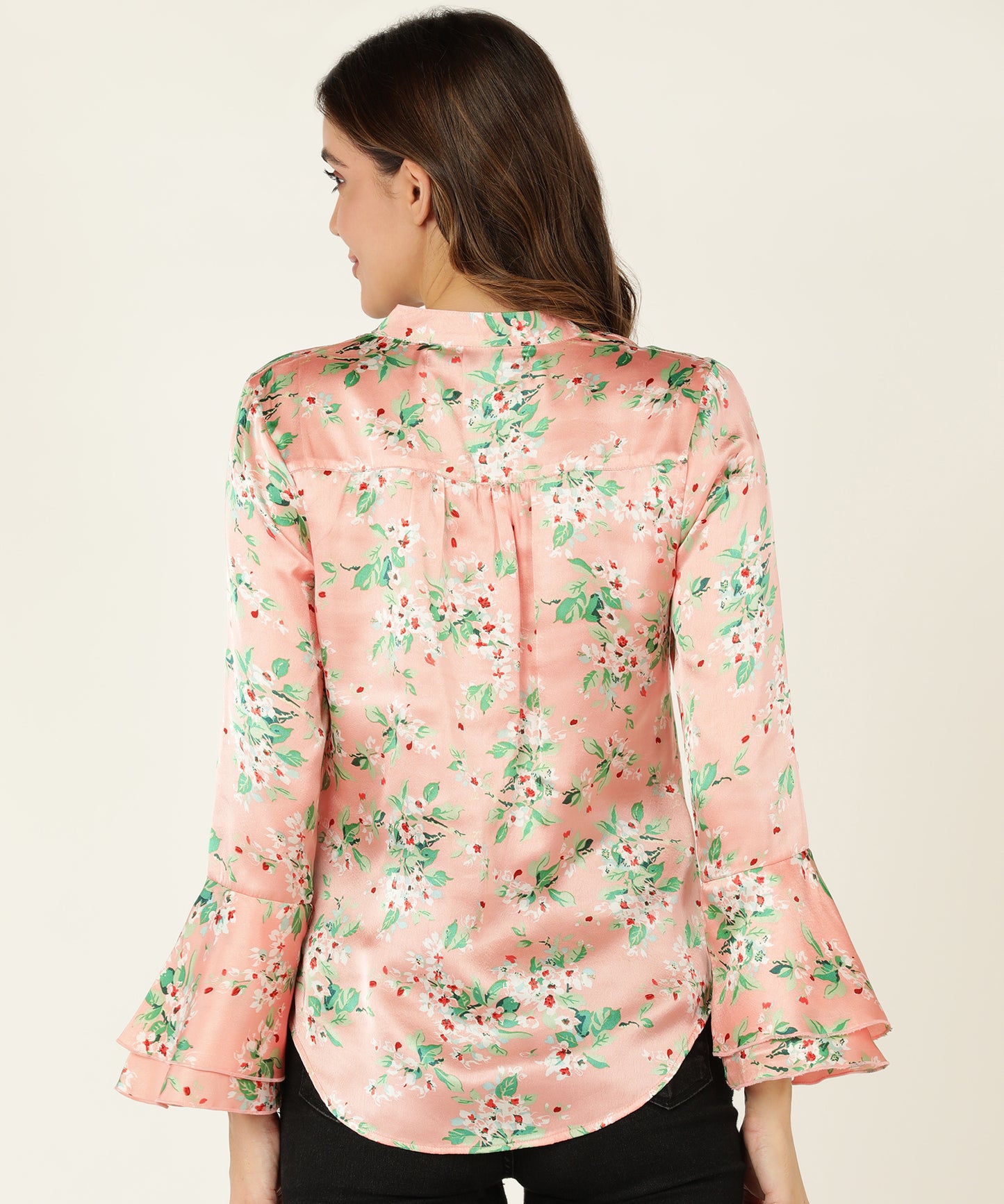 Women's Pink Floral Printed Satin Shirt with Flared Sleeves