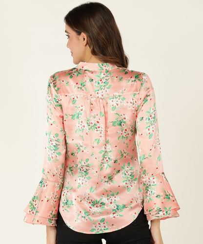 Women's Pink Floral Printed Satin Shirt with Flared Sleeves
