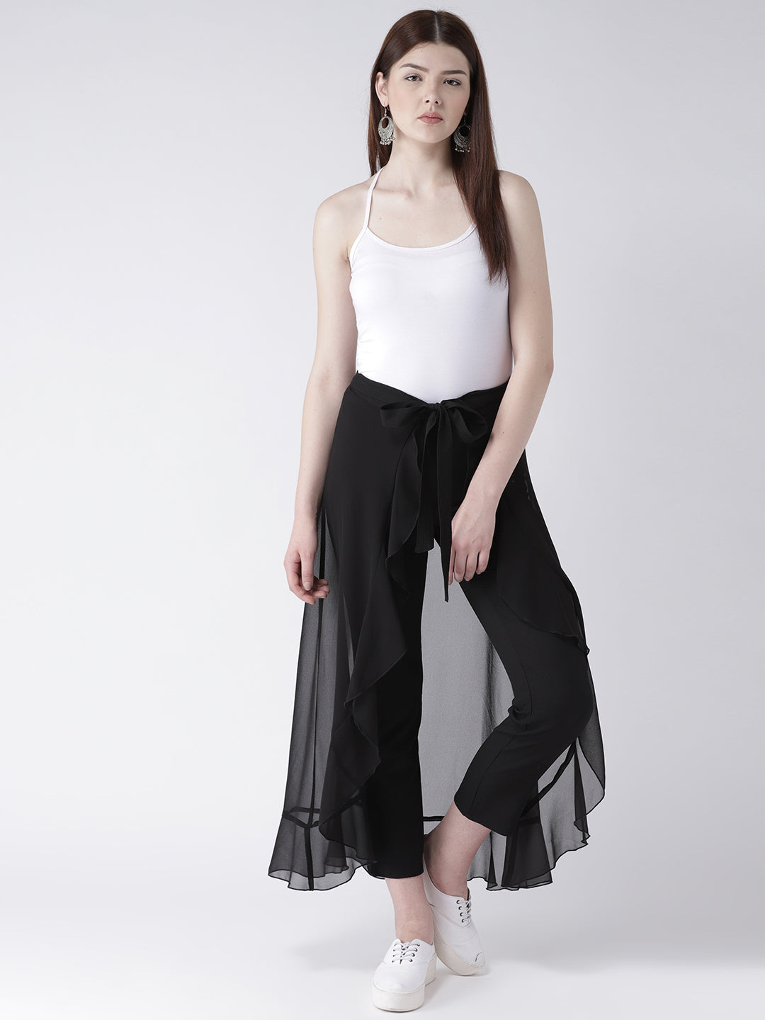 Black Layered Overlay Tie-Up Trousers for Women – Stylish Semi Sheer Pants