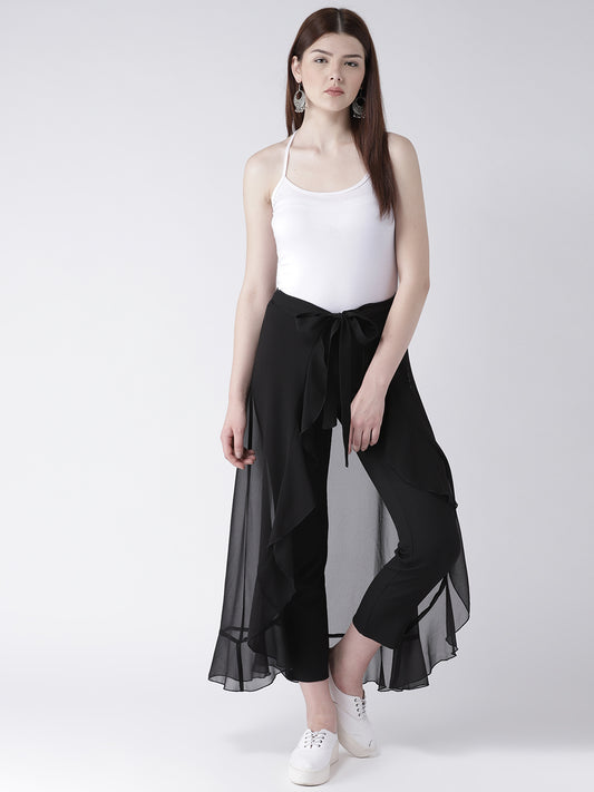 Black Layered Overlay Tie-Up Trousers for Women – Stylish Semi Sheer Pants