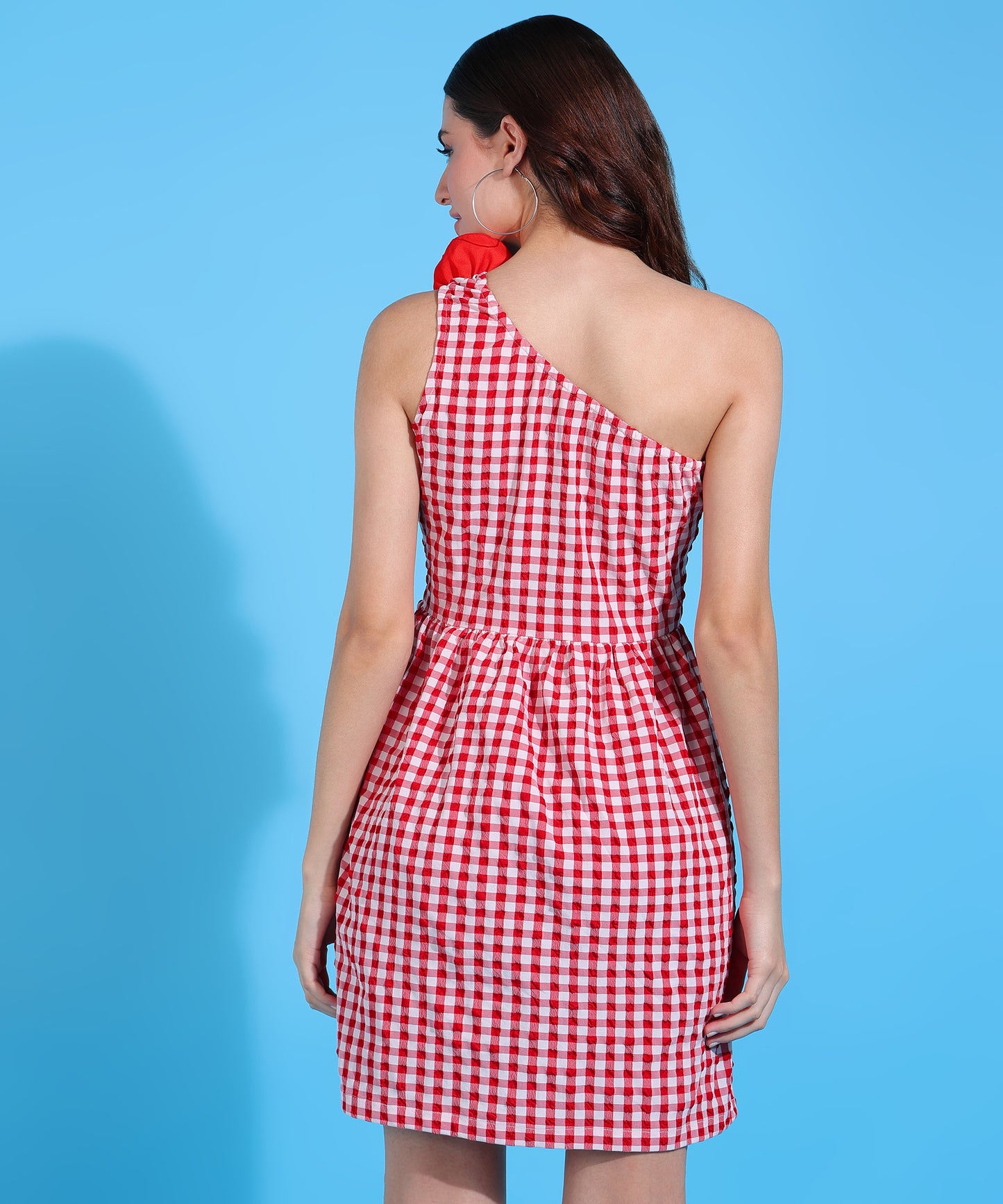 Women’s Red White Check One Shoulder Mini Dress with Floral Detail