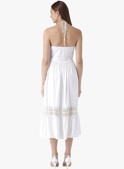 Women's White Halter Neck Midi Dress with Crochet Lace Detailing