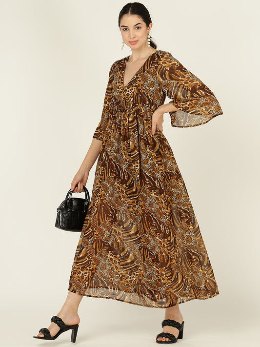 Animal Print Brown Flowy Maxi Dress for Women with Flared Sleeves