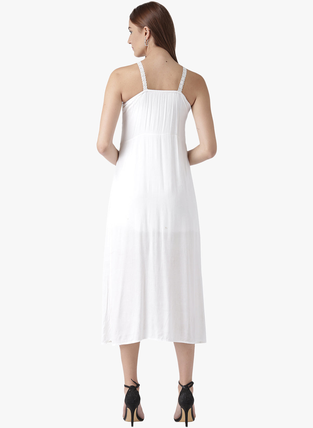 Women's White Halter Neck Midi Dress with Front Lace Panel