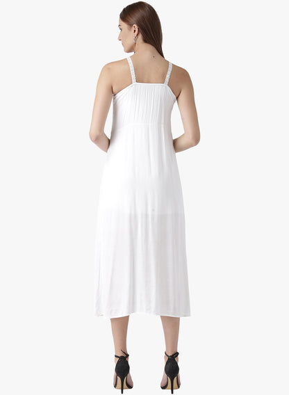 Women's White Halter Neck Midi Dress with Front Lace Panel