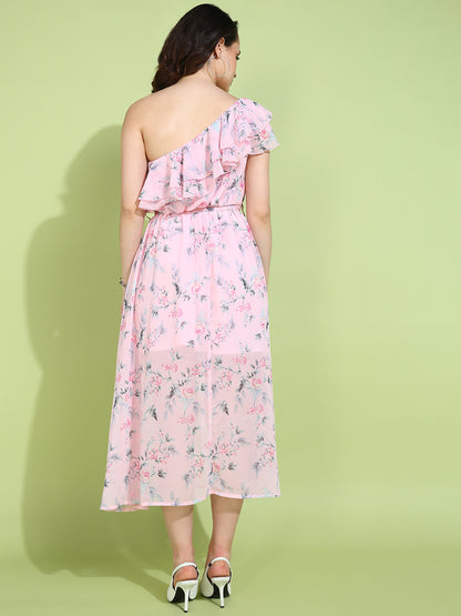 Pink One Shoulder Floral Ruffle Midi Dress for Women | Elegant Summer Dress