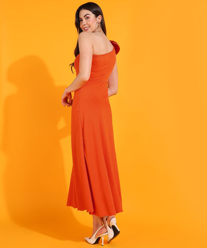 Orange One Shoulder Midi Dress with Bow Detail | Stylish Party Wear for Women