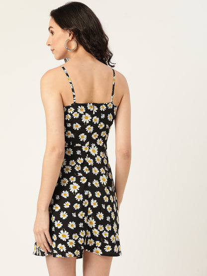 Black Daisy Print Cut-Out Mini Dress