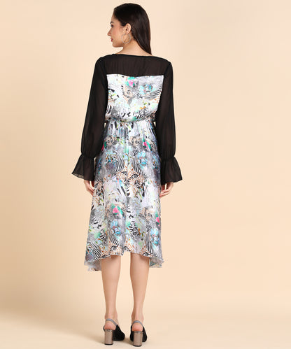 Floral Zebra Print Midi Dress with Sheer Black Sleeves – Elegant Collection