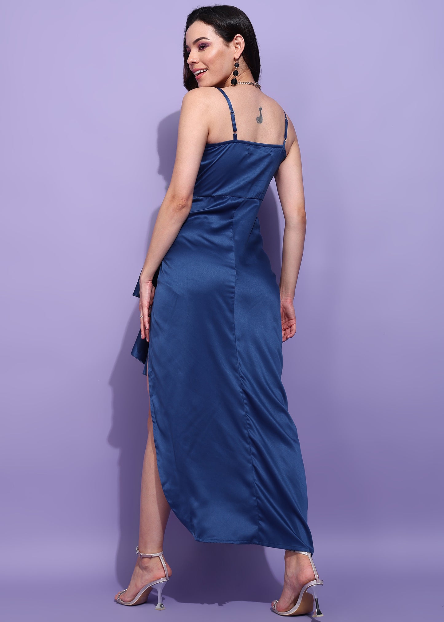 Women’s Navy Blue Satin Ruffle Slit Evening Gown