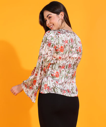 Floral Satin Button-Down Top with Flared Sleeves – Casual & Office Wear