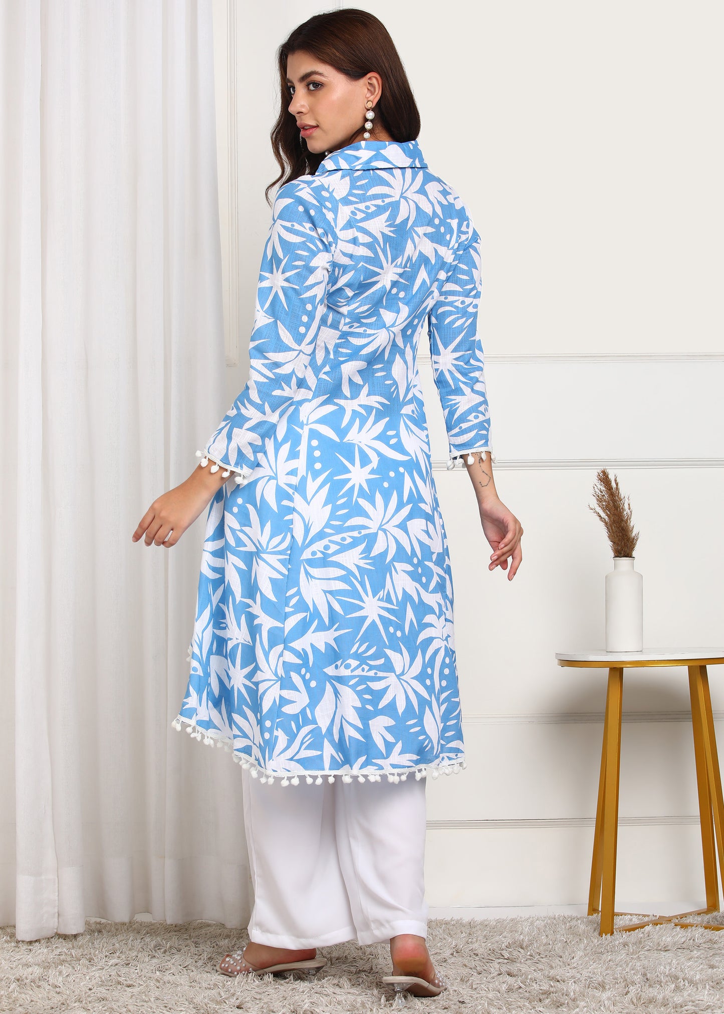 Blue White Printed Asymmetric Kurta for Women | Casual Ethnic Wear