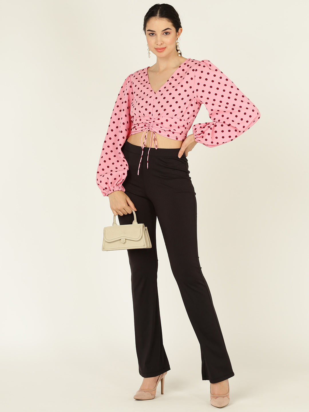 Pink Polka Dot Ruched Crop Top for Women – V-Neck Long Sleeve Puff Top