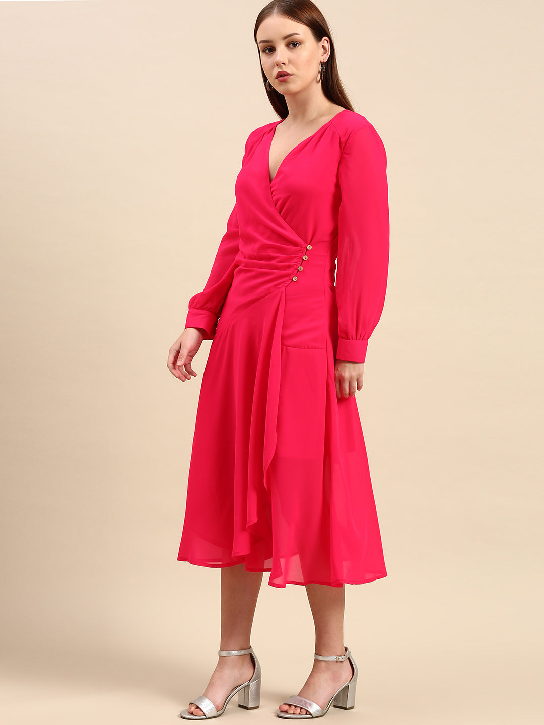 Pink Wrap Midi Dress - Long Sleeve, V-Neck, Button Detail