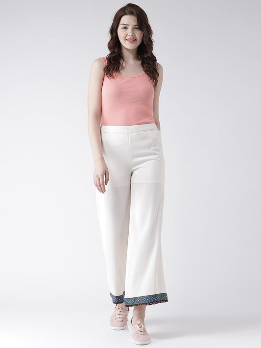 Women's White Wide-Leg Trousers with Embroidered Hem – Casual Ethnic Cotton Pants
