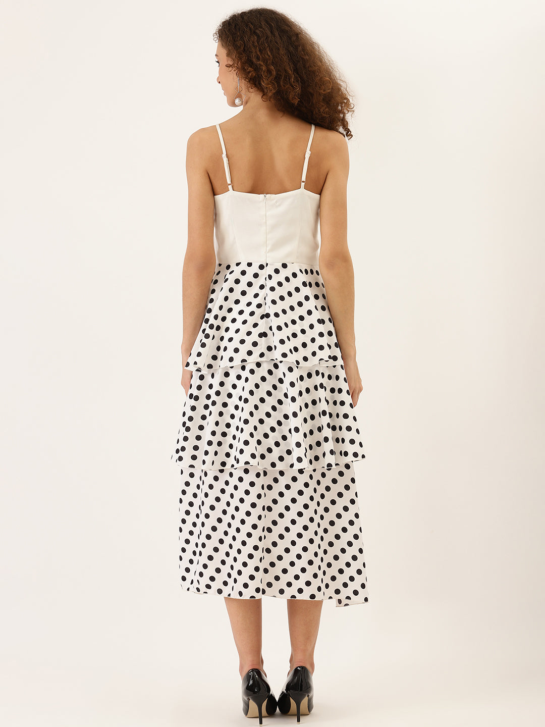 Women's White Spaghetti Strap Tiered Midi Dress with Black Polka Dots Stylish Layered Design