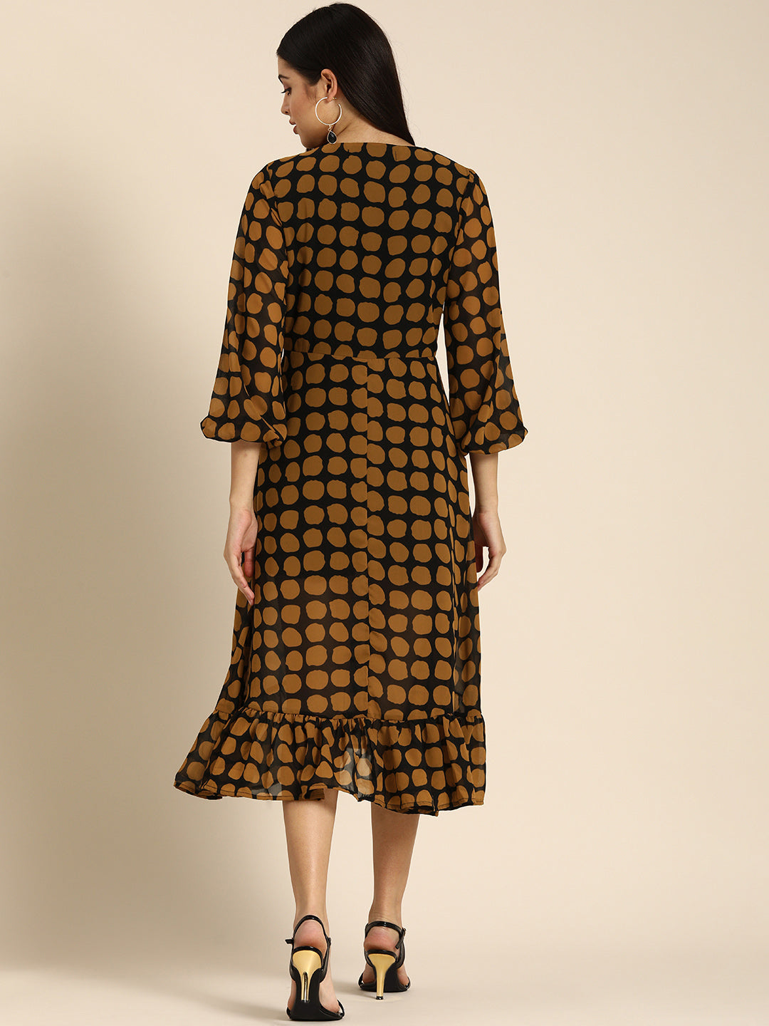 Brown Polka Dot Wrap Dress with Ruffle Hem