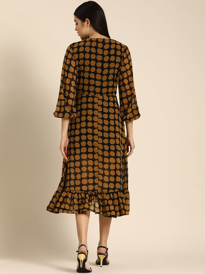 Brown Polka Dot Wrap Dress with Ruffle Hem