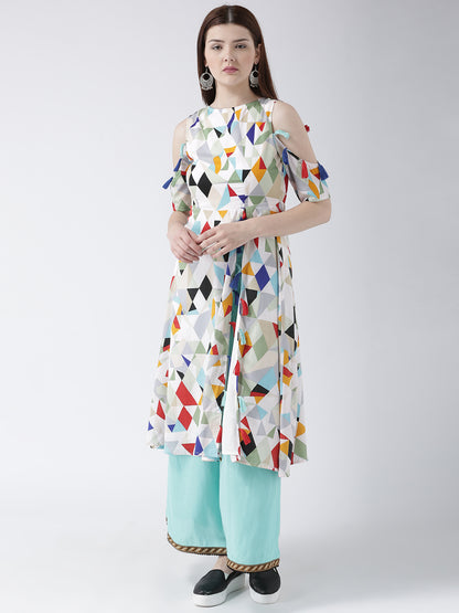 Women's Sky Blue Palazzo Pants with Drawstring Waist and Ethnic Trim