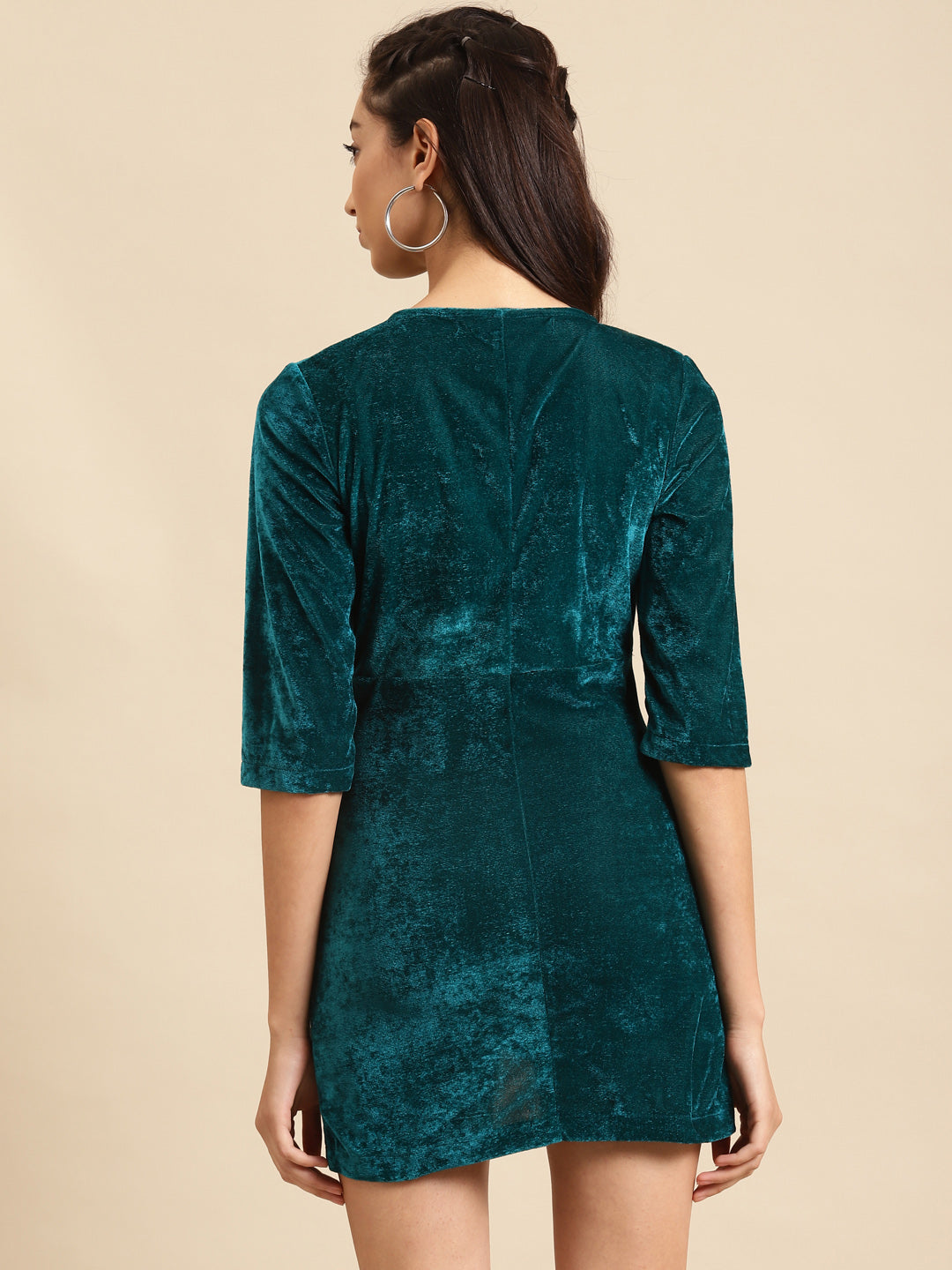 Teal Velvet Bodycon Mini Dress with Wrap Neckline and 3/4 Sleeves