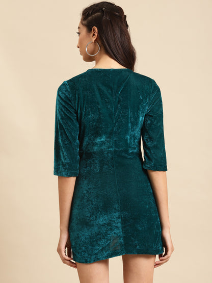 Teal Velvet Bodycon Mini Dress with Wrap Neckline and 3/4 Sleeves