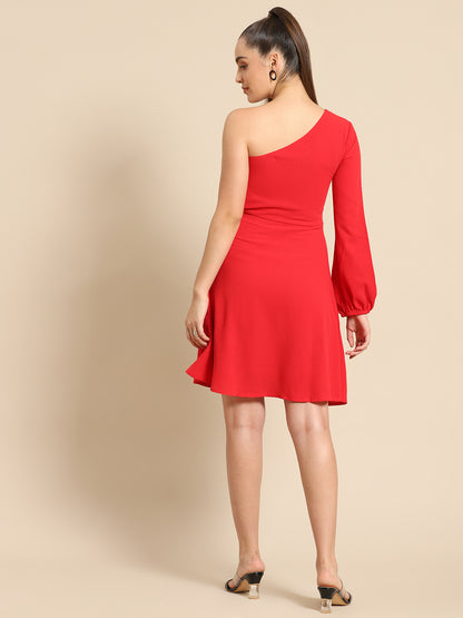 Red One Shoulder A-Line Mini Dress for Women | Stylish Casual Party Wear