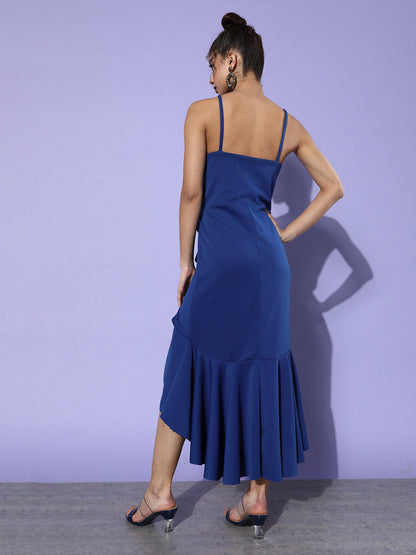 Royal Blue One-Shoulder Ruffle Midi Dress with Asymmetrical Hem for Women